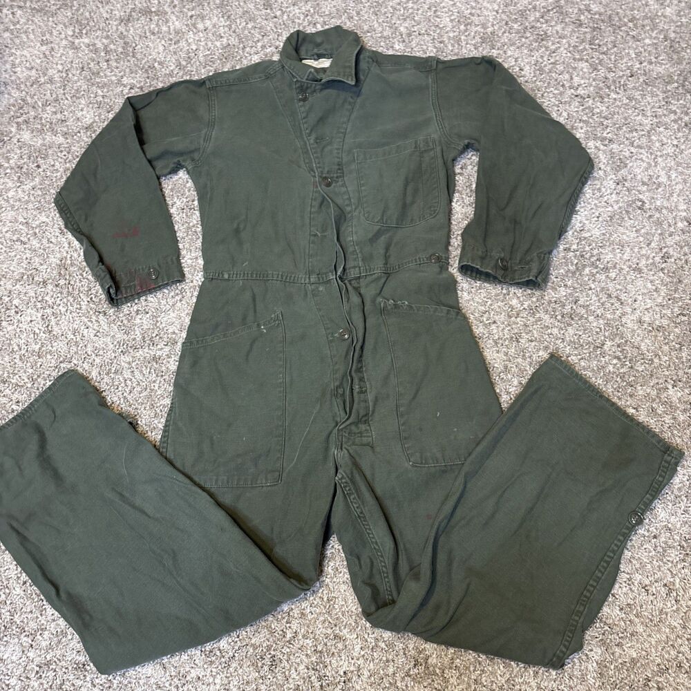 Vintage U.S. Military Coveralls Mens Small Green Cotton Sateen Type 1 Jumpsuit